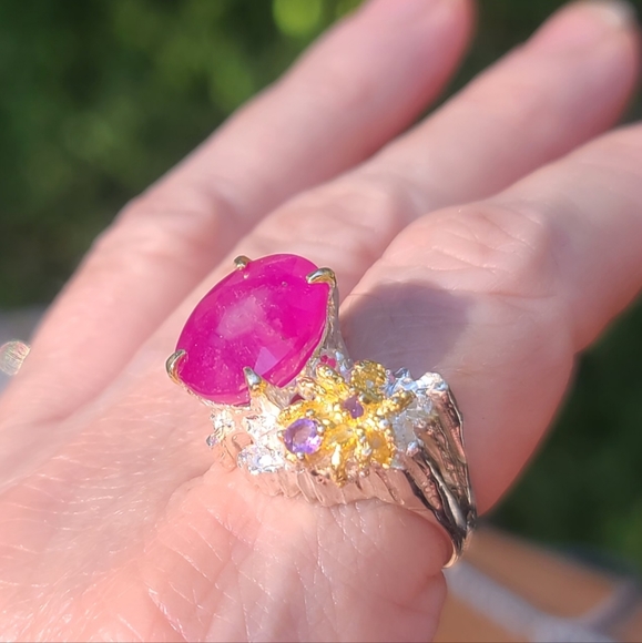 HUGE 15k Star Ruby Amethyst &Sterling & Gold 🕷 spider ring sz 8.5 - Picture 8 of 9